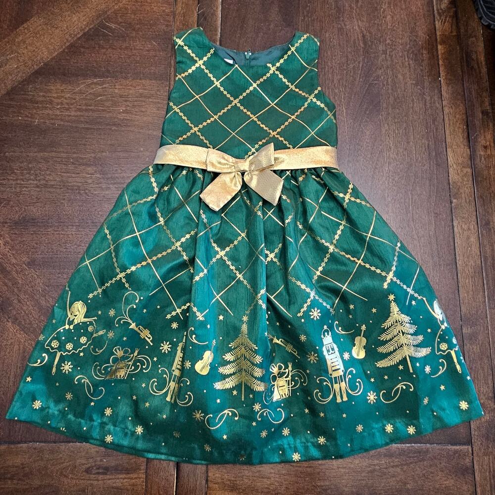 Bonnie Jean Holiday Dress Size 6 Green Gold Nutcracker Bow Christmas Party